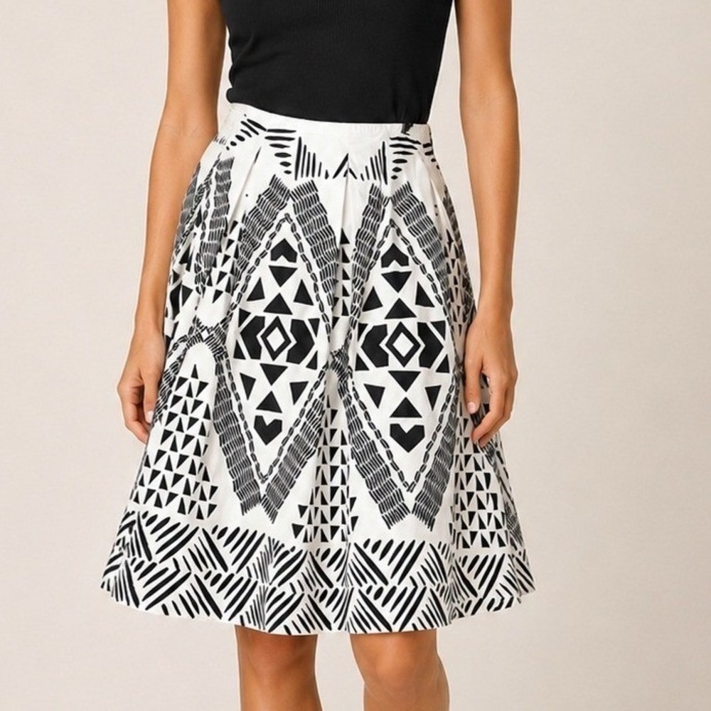 Worthington Womens A-Line Skirt Size 14 White Black Geometric Tribal Print Midi